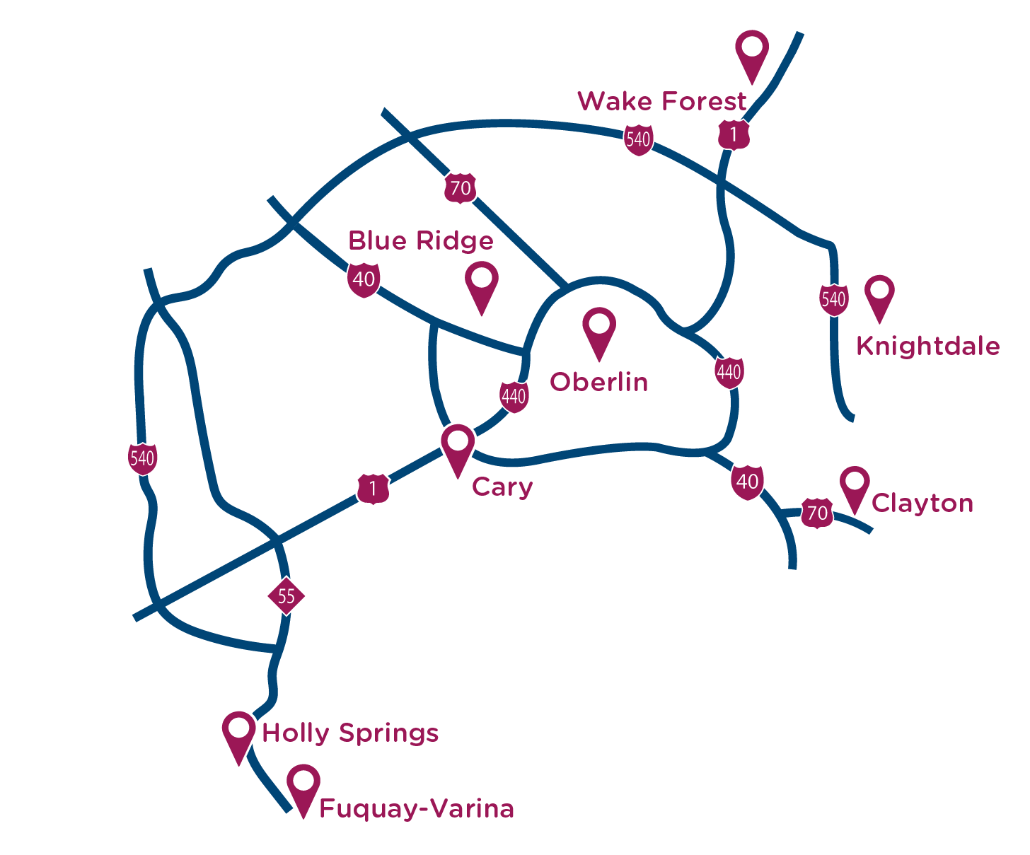 Map of Raleigh Radiology Locations throughout Raleigh and its surrounding areas.